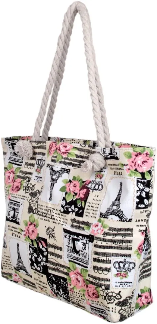 Paris Eiffel Tower Music Notes Floral Print Canvas Tote Shoulder Bag Handbag