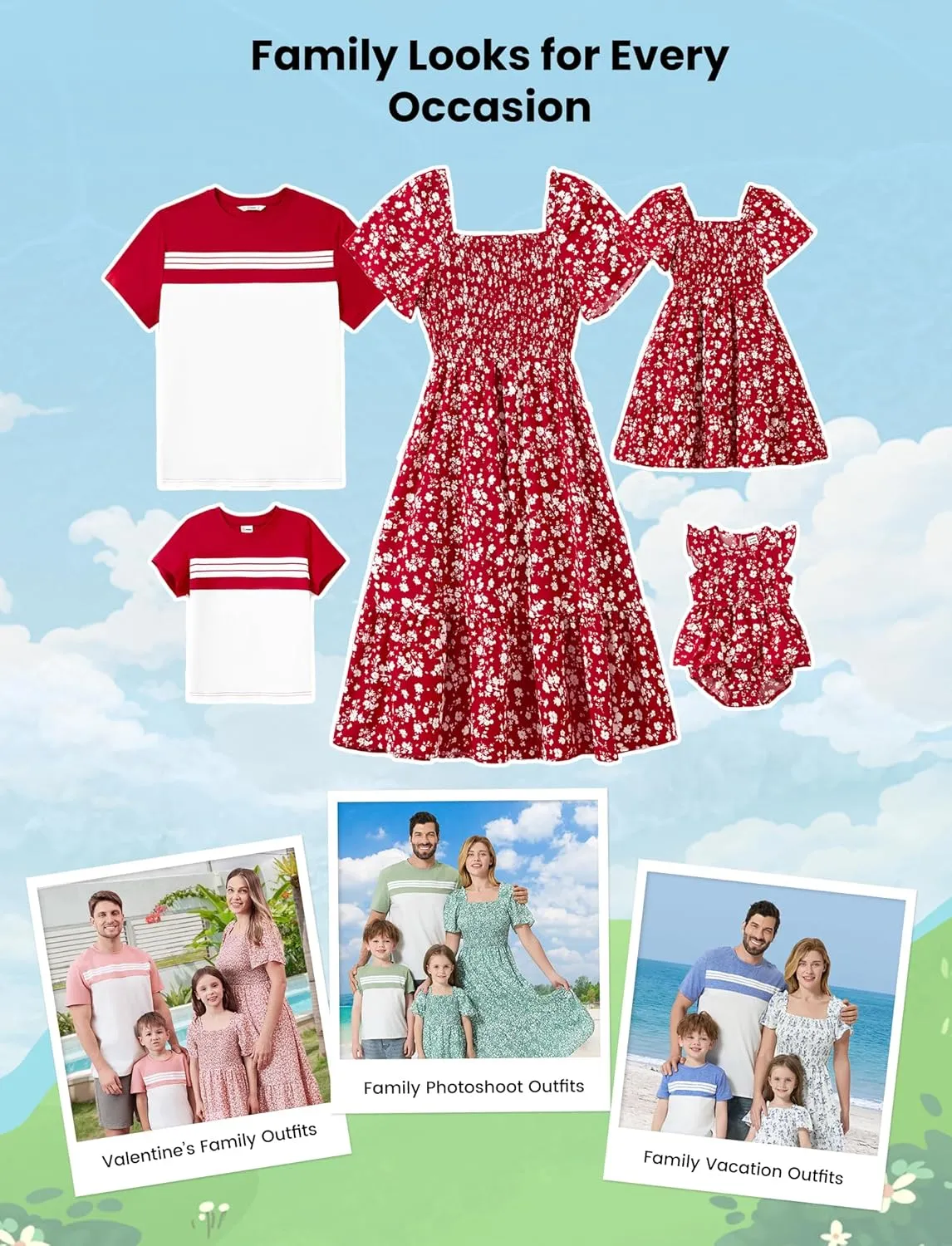 PATPAT Family Matching Outfits Boho Floral Print Square Neck Puff Sleeve Smocked Dress and Short Sleeve T-Shirts Matching Set