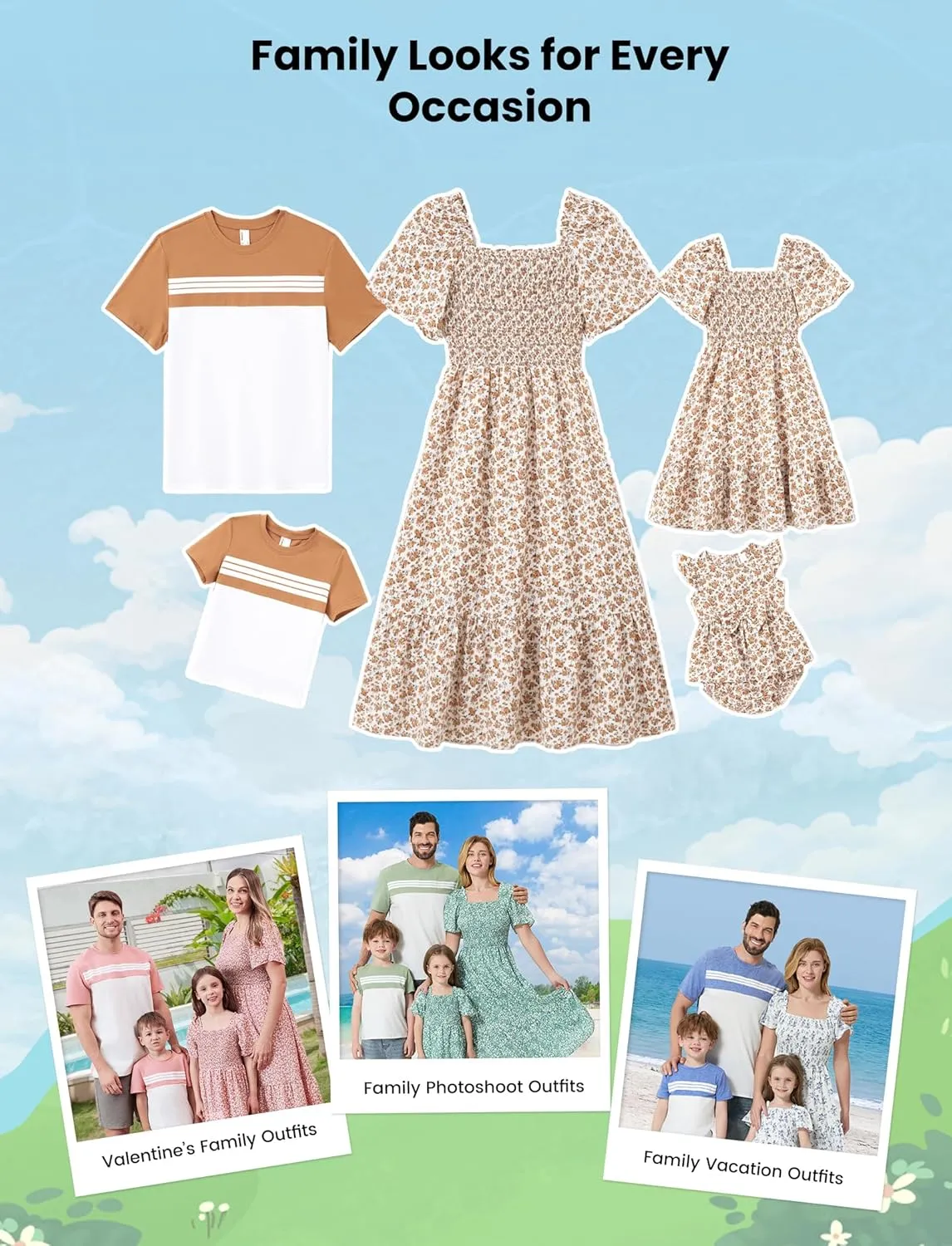 PATPAT Family Matching Outfits Boho Floral Print Square Neck Puff Sleeve Smocked Dress and Short Sleeve T-Shirts Matching Set