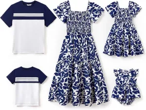 PATPAT Family Matching Outfits Boho Floral Print Square Neck Puff Sleeve Smocked Dress and Short Sleeve T-Shirts Matching Set