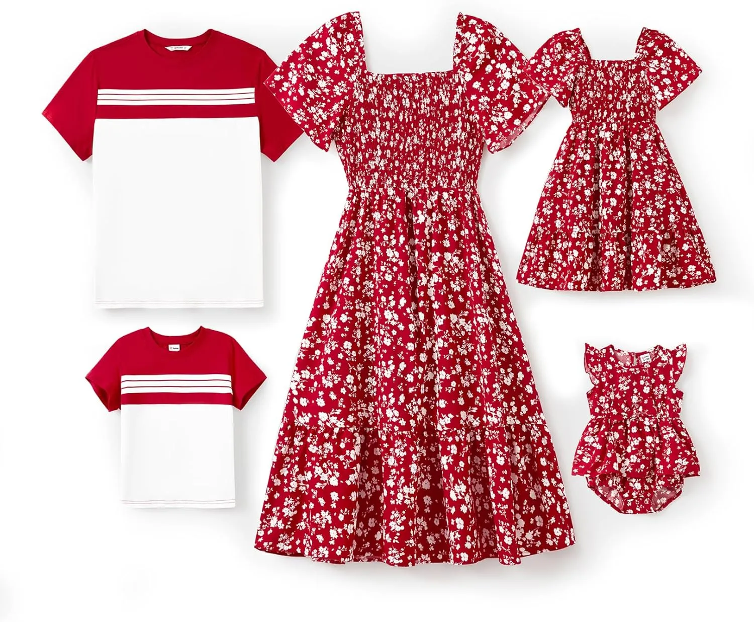 PATPAT Family Matching Outfits Boho Floral Print Square Neck Puff Sleeve Smocked Dress and Short Sleeve T-Shirts Matching Set