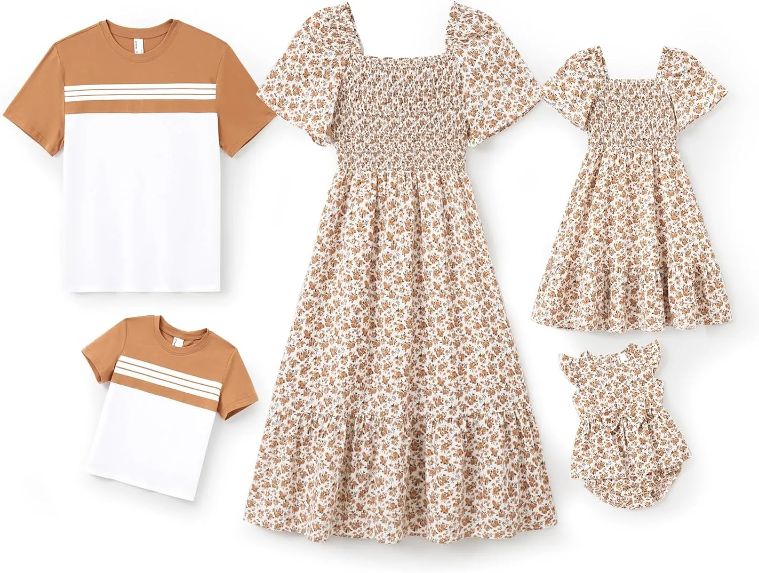 PATPAT Family Matching Outfits Boho Floral Print Square Neck Puff Sleeve Smocked Dress and Short Sleeve T-Shirts Matching Set