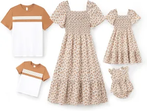 PATPAT Family Matching Outfits Boho Floral Print Square Neck Puff Sleeve Smocked Dress and Short Sleeve T-Shirts Matching Set