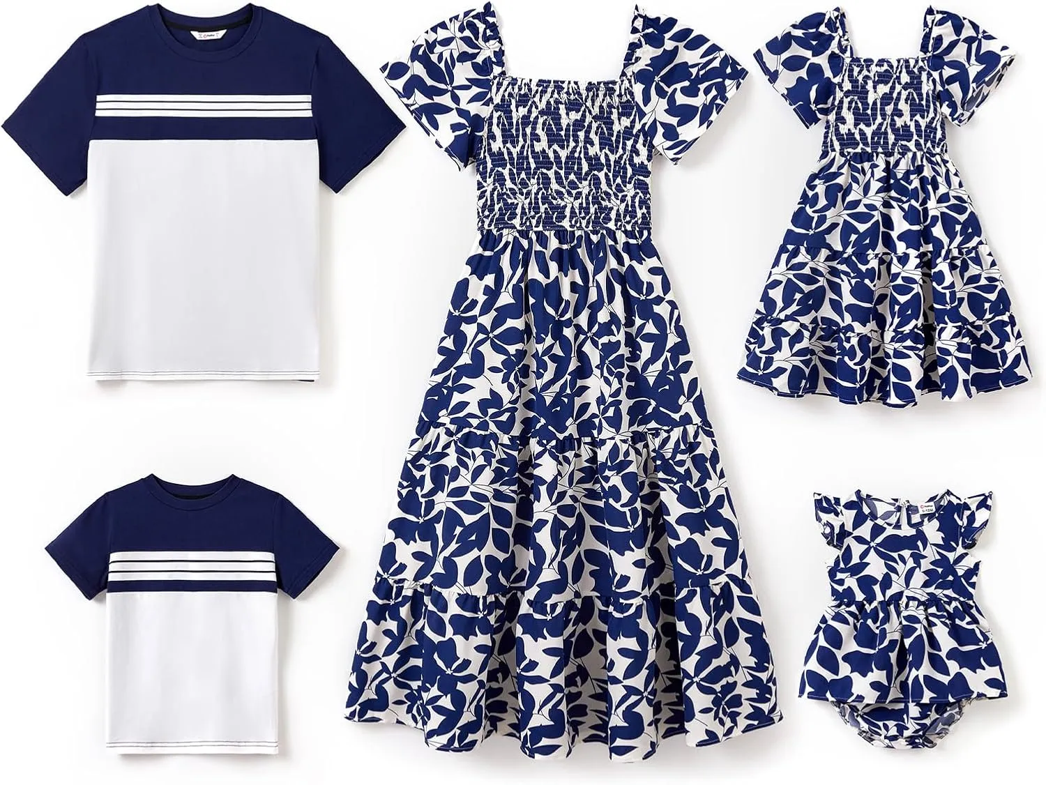 PATPAT Family Matching Outfits Boho Floral Print Square Neck Puff Sleeve Smocked Dress and Short Sleeve T-Shirts Matching Set