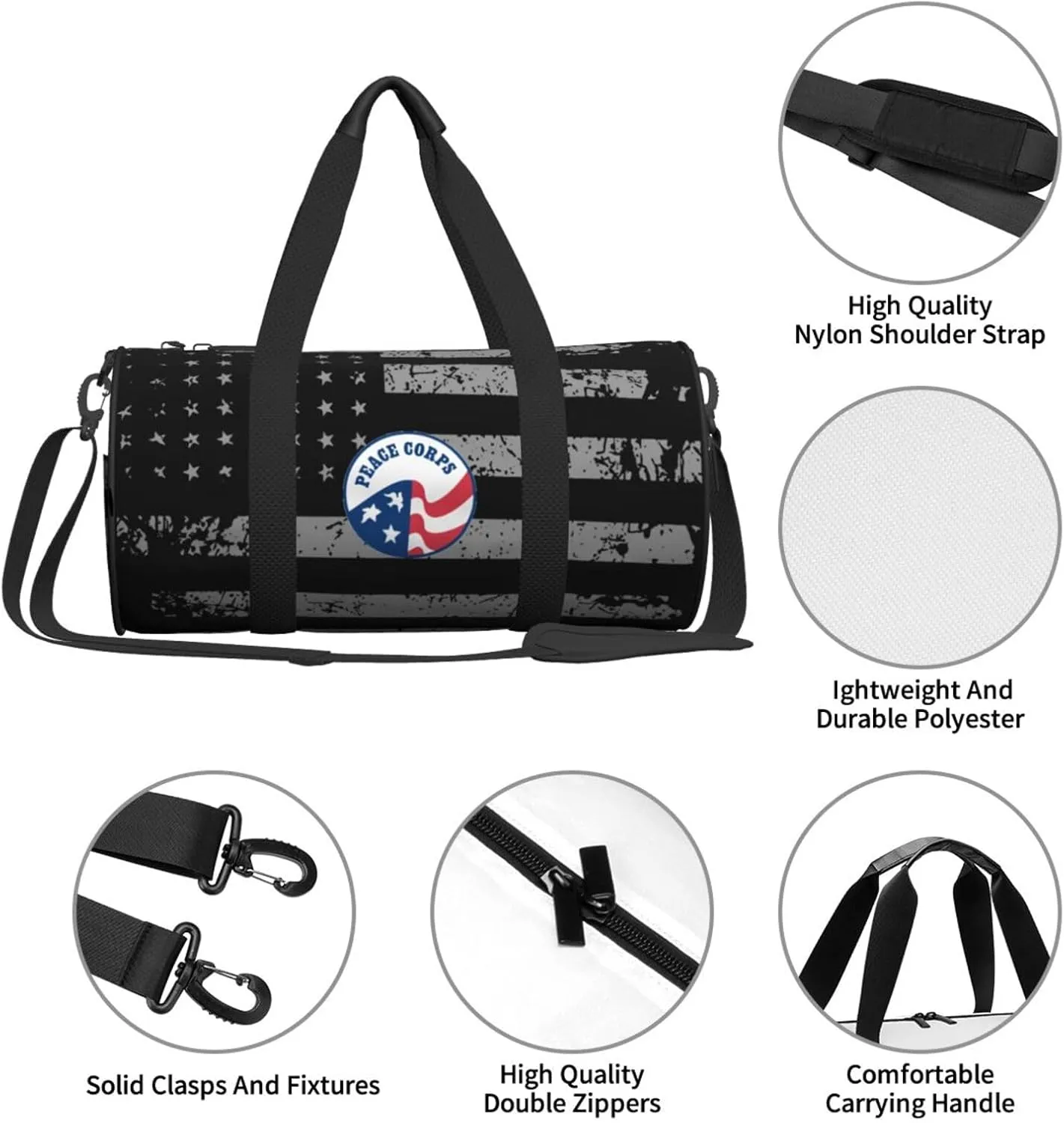 Peace Corps Travel Luggage Duffel Bag Sports Rolling Foldable Duffel Bag, Black