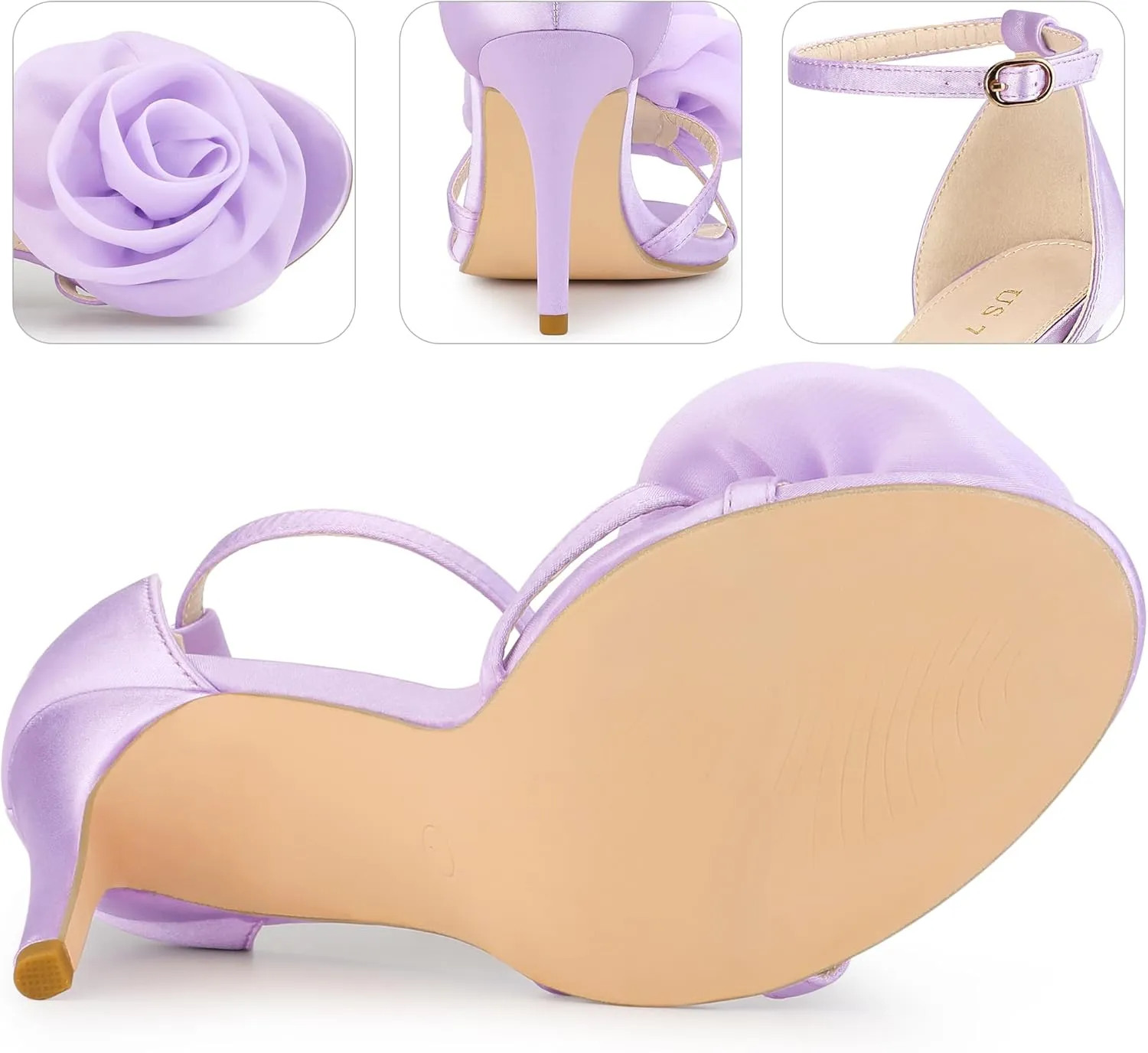 Perphy Flower Satin Sandal Ankle Strap Stiletto Heel Flowers Sandals for Women