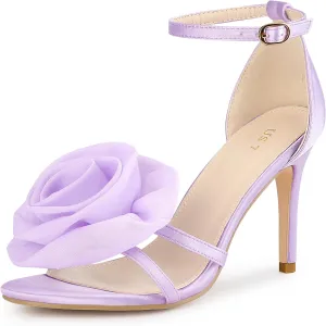 Perphy Flower Satin Sandal Ankle Strap Stiletto Heel Flowers Sandals for Women