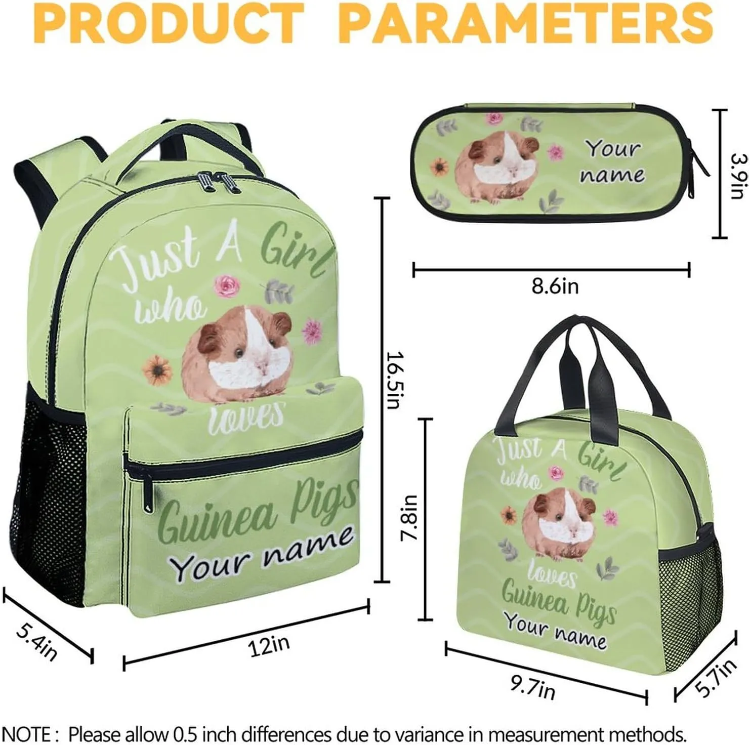 Personalized Guinea Pig Backpack with Lunch Box Set for Girls Kids, 3 in 1 Primary Middle School Backpacks Matching Combo, Cute Lightweight Adjustable Straps Green Bookbag and Pencil Case Bundle