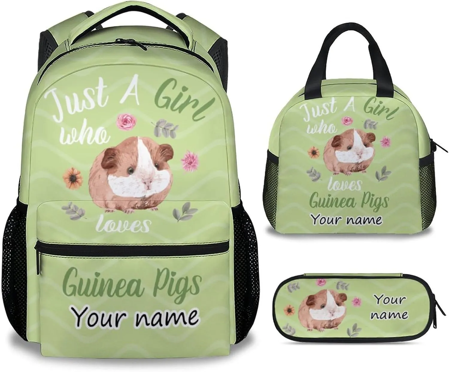 Personalized Guinea Pig Backpack with Lunch Box Set for Girls Kids, 3 in 1 Primary Middle School Backpacks Matching Combo, Cute Lightweight Adjustable Straps Green Bookbag and Pencil Case Bundle