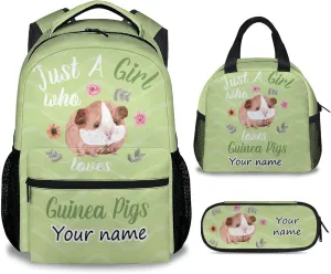 Personalized Guinea Pig Backpack with Lunch Box Set for Girls Kids, 3 in 1 Primary Middle School Backpacks Matching Combo, Cute Lightweight Adjustable Straps Green Bookbag and Pencil Case Bundle