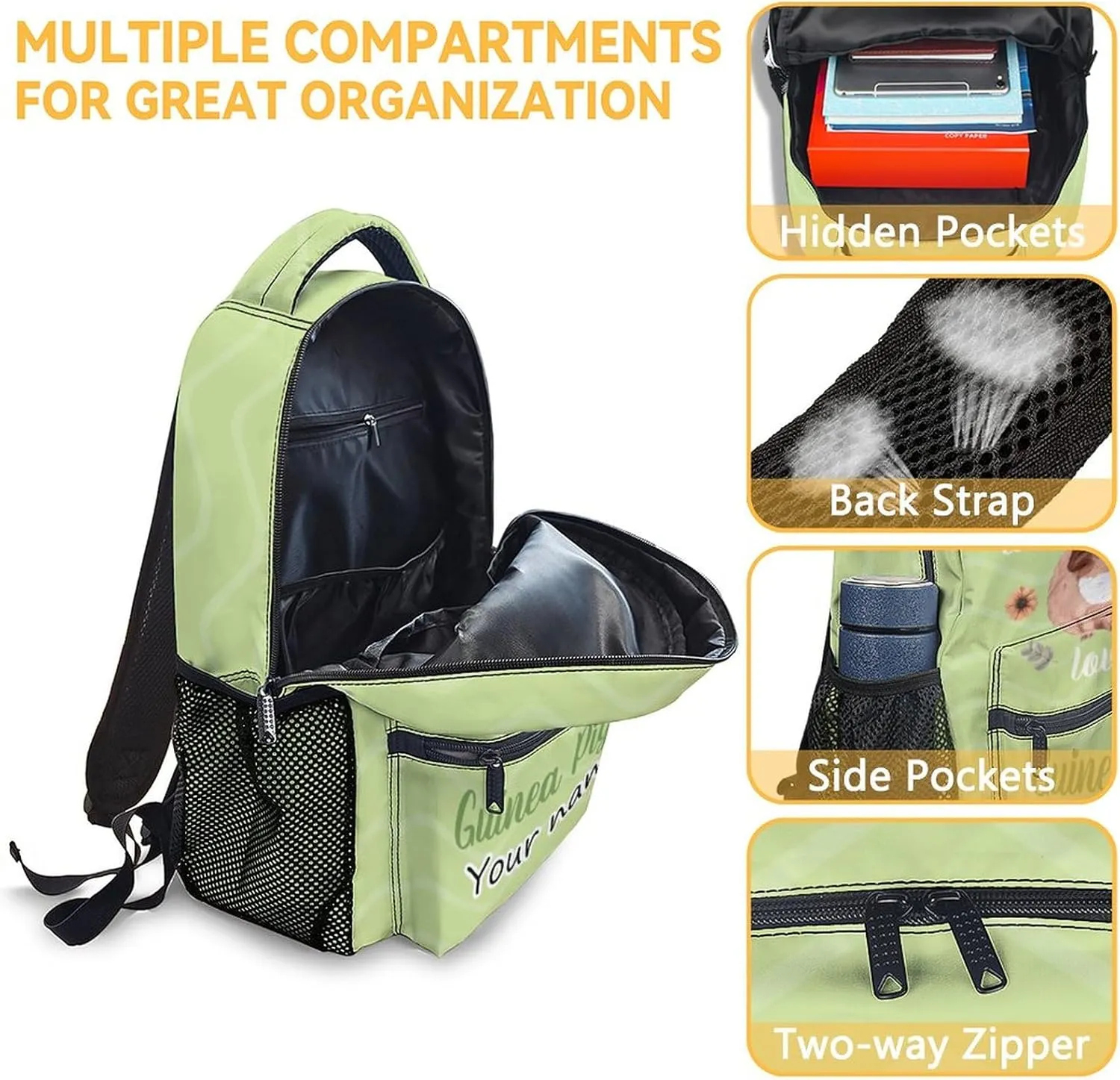 Personalized Guinea Pig Backpack with Lunch Box Set for Girls Kids, 3 in 1 Primary Middle School Backpacks Matching Combo, Cute Lightweight Adjustable Straps Green Bookbag and Pencil Case Bundle