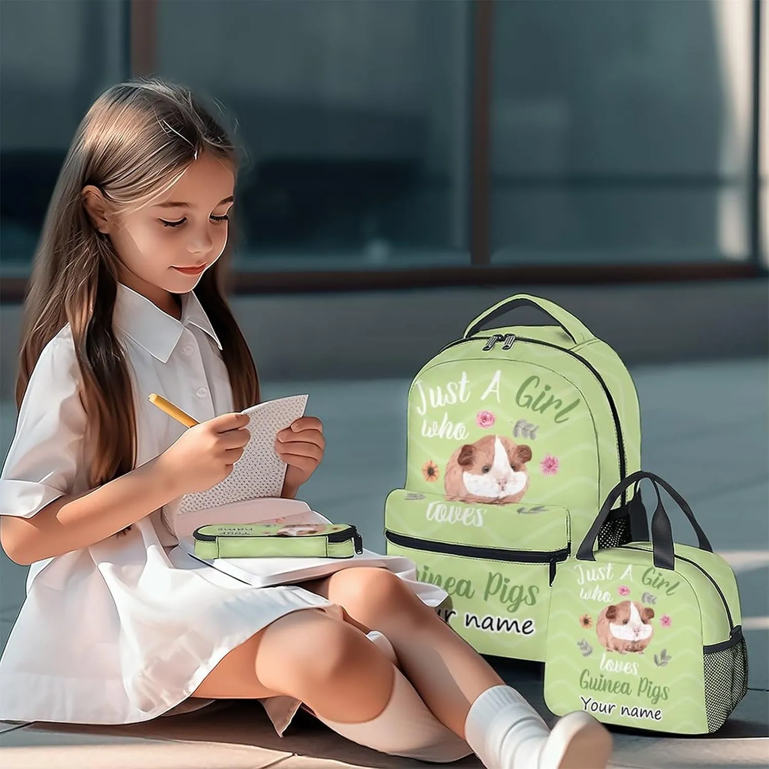 Personalized Guinea Pig Backpack with Lunch Box Set for Girls Kids, 3 in 1 Primary Middle School Backpacks Matching Combo, Cute Lightweight Adjustable Straps Green Bookbag and Pencil Case Bundle