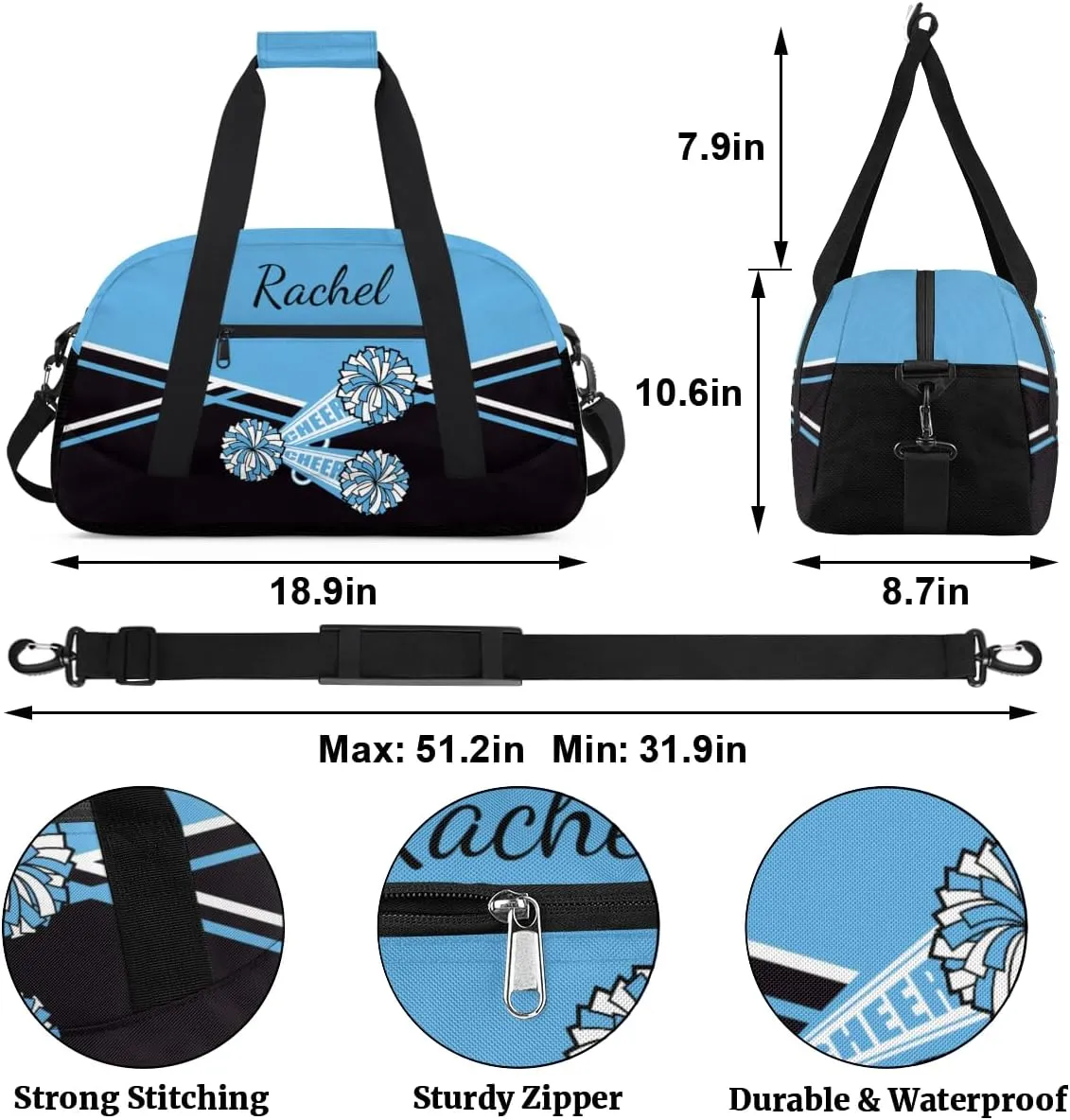 Personalized Gym Bag Duffel Bag for Girls, Custom Cheerleader Bag Overnight Bags for Gymnastics Travel Weekender Practice Cheering Horn