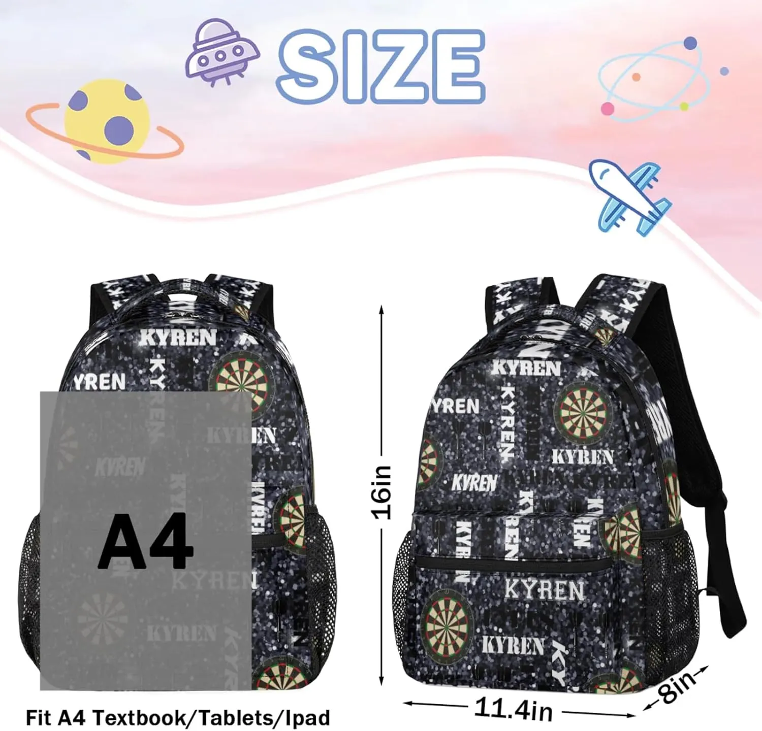 Personalized Name Darts Backpack, Custom Sports Bag Backpack for Men Women, Laptop Backpacks Travel Camping Daypack, Dark Glitter
