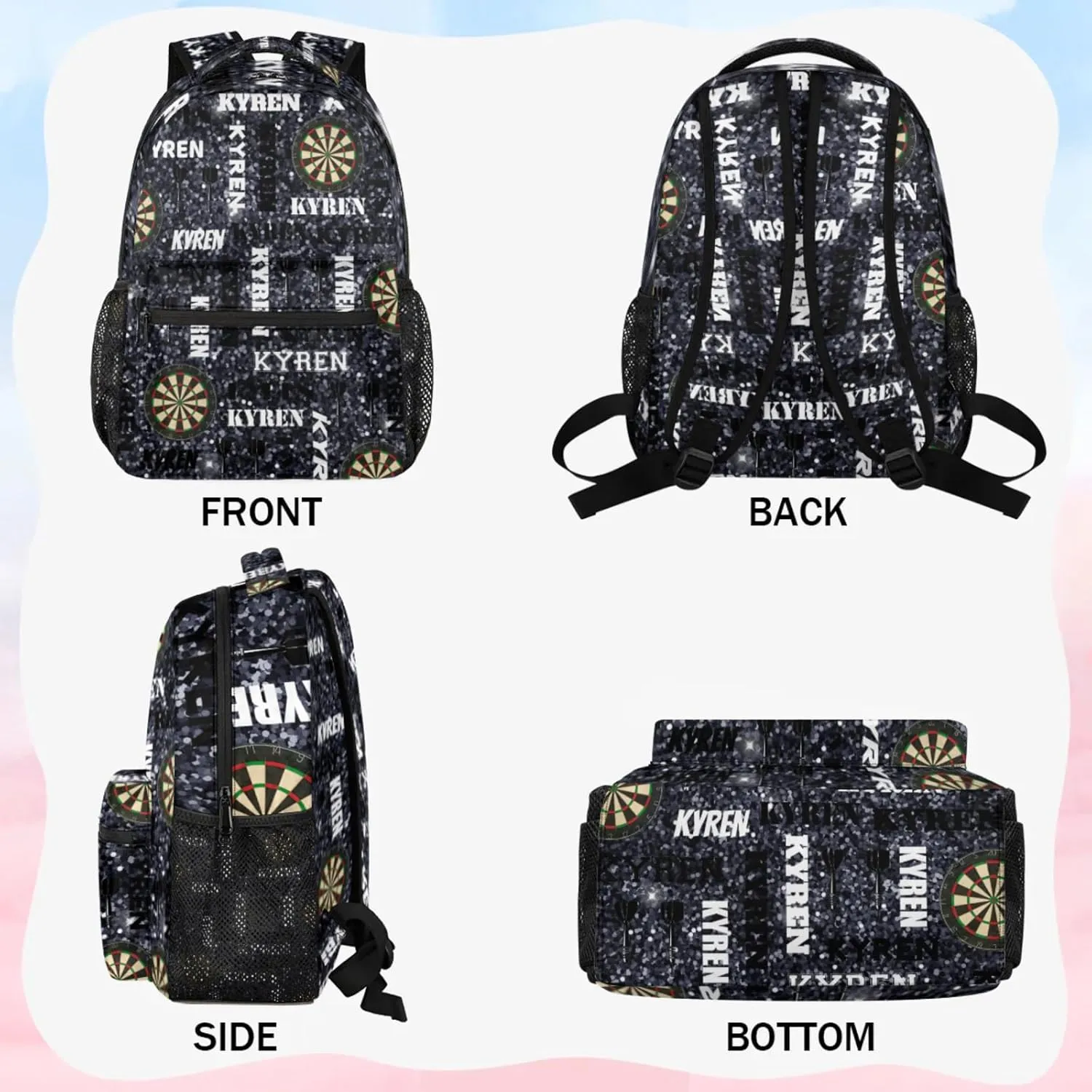 Personalized Name Darts Backpack, Custom Sports Bag Backpack for Men Women, Laptop Backpacks Travel Camping Daypack, Dark Glitter