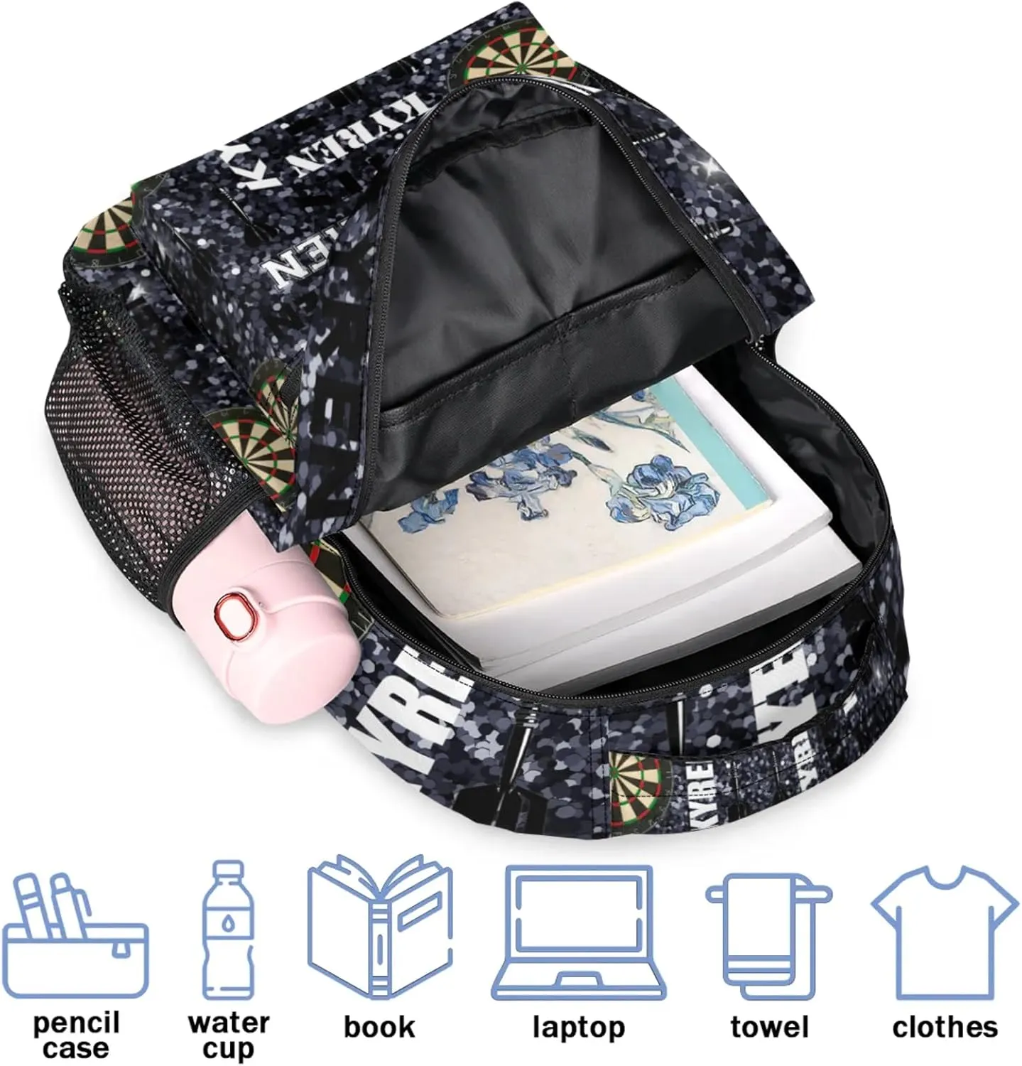 Personalized Name Darts Backpack, Custom Sports Bag Backpack for Men Women, Laptop Backpacks Travel Camping Daypack, Dark Glitter