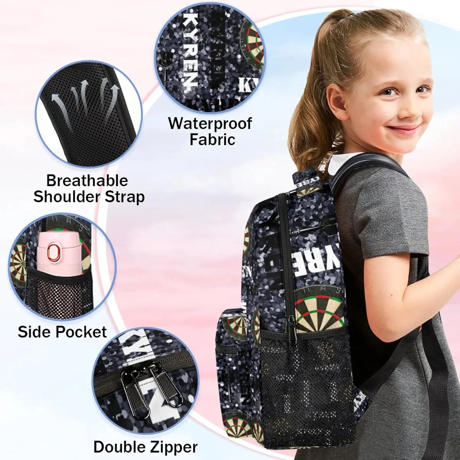 Personalized Name Darts Backpack, Custom Sports Bag Backpack for Men Women, Laptop Backpacks Travel Camping Daypack, Dark Glitter