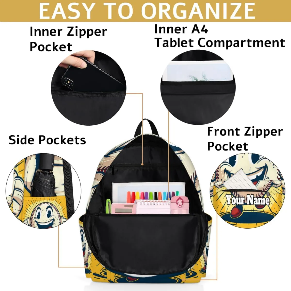 Personalized Sports Baseball Preschool Toddler Backpack for Boys Girls Custom Kids Name Small Bookbags Kindergarten Elementary Backpack, Cartoon Baseball