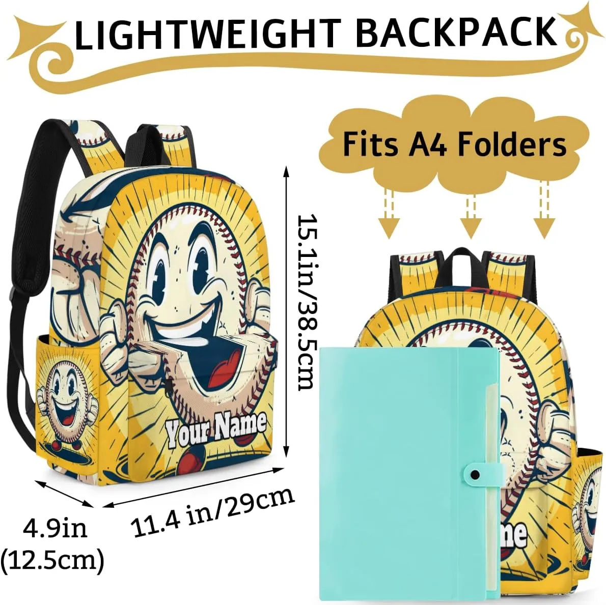 Personalized Sports Baseball Preschool Toddler Backpack for Boys Girls Custom Kids Name Small Bookbags Kindergarten Elementary Backpack, Cartoon Baseball