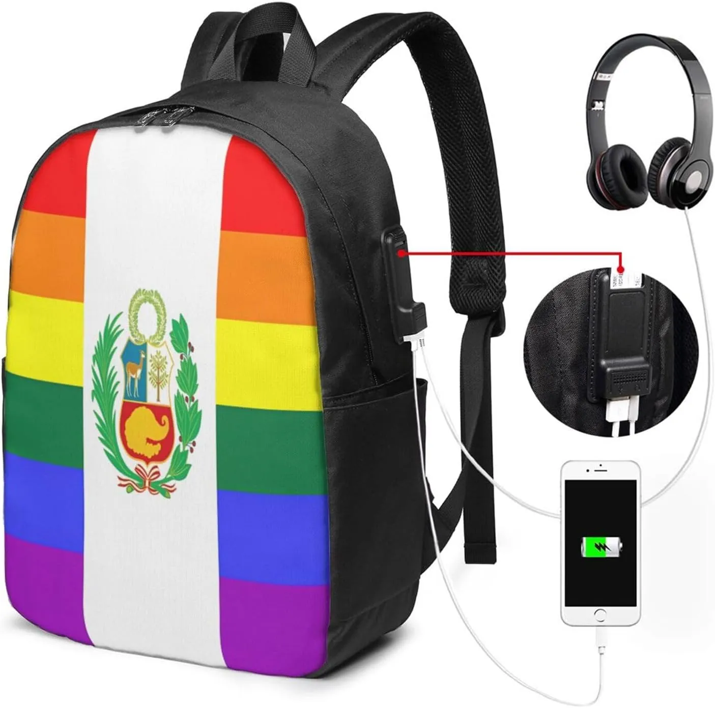 Peru Peruvian LGBT Rainbow Pride Flag Laptop Backpacks Travel Backpack Casual Business Daypack Sport Rucksack Computer Bag Fits up to 17 Inch Notebook with USB Port
