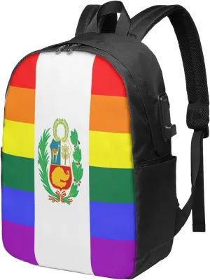 Peru Peruvian LGBT Rainbow Pride Flag Laptop Backpacks Travel Backpack Casual Business Daypack Sport Rucksack Computer Bag Fits up to 17 Inch Notebook with USB Port