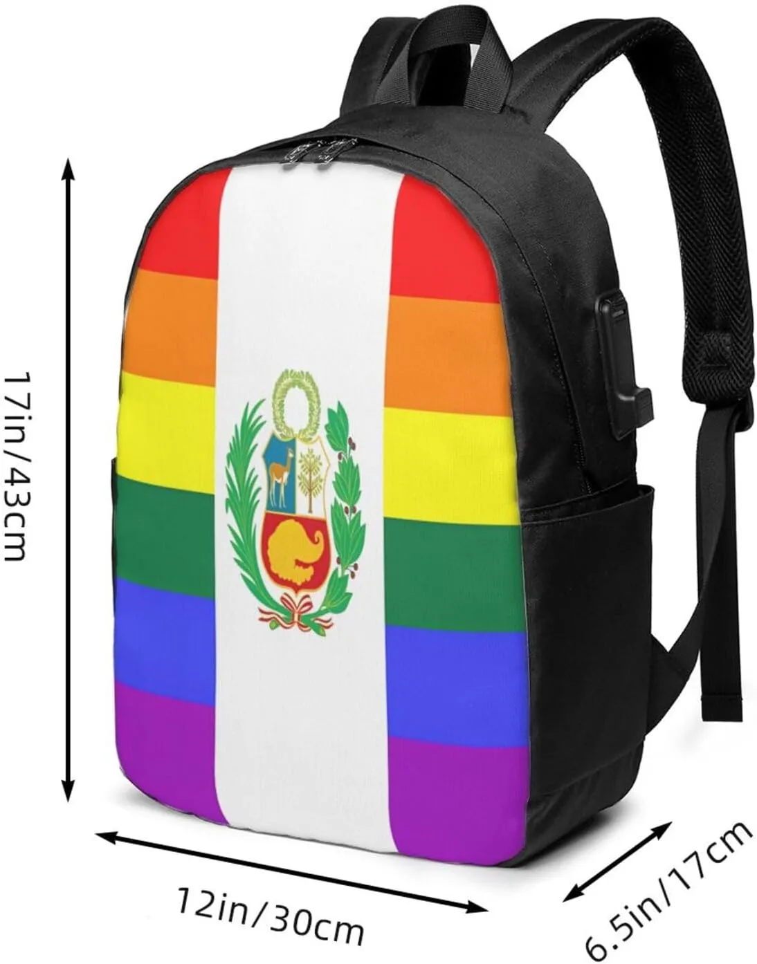 Peru Peruvian LGBT Rainbow Pride Flag Laptop Backpacks Travel Backpack Casual Business Daypack Sport Rucksack Computer Bag Fits up to 17 Inch Notebook with USB Port