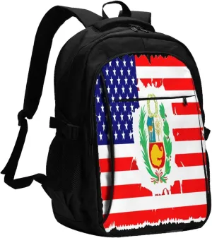 Peruvian Peru American Flag Business Laptop Backpack Travel Backpacks Outdoor Rucksack Large Bag Daypack with USB Charging Port Multi-Pocket for Hiking Camping