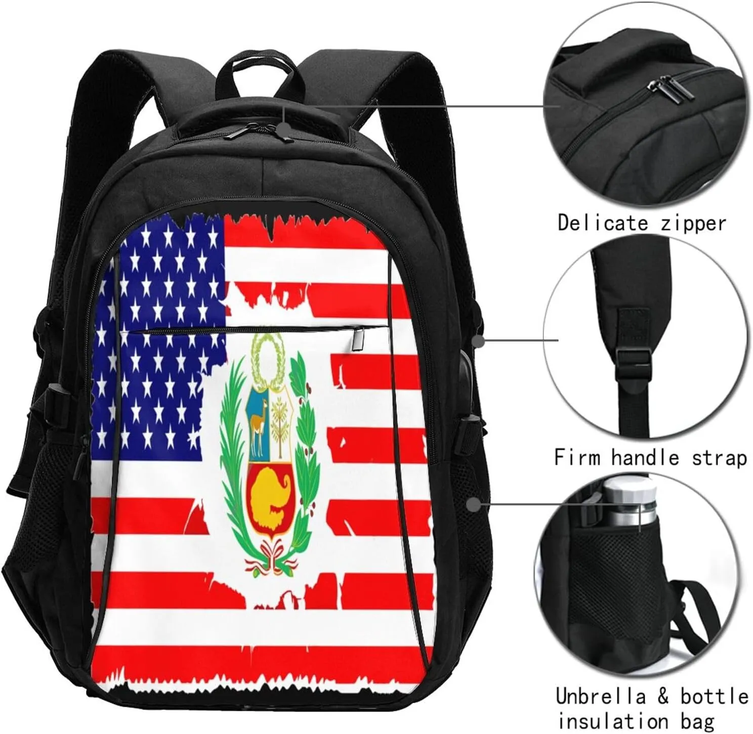 Peruvian Peru American Flag Business Laptop Backpack Travel Backpacks Outdoor Rucksack Large Bag Daypack with USB Charging Port Multi-Pocket for Hiking Camping