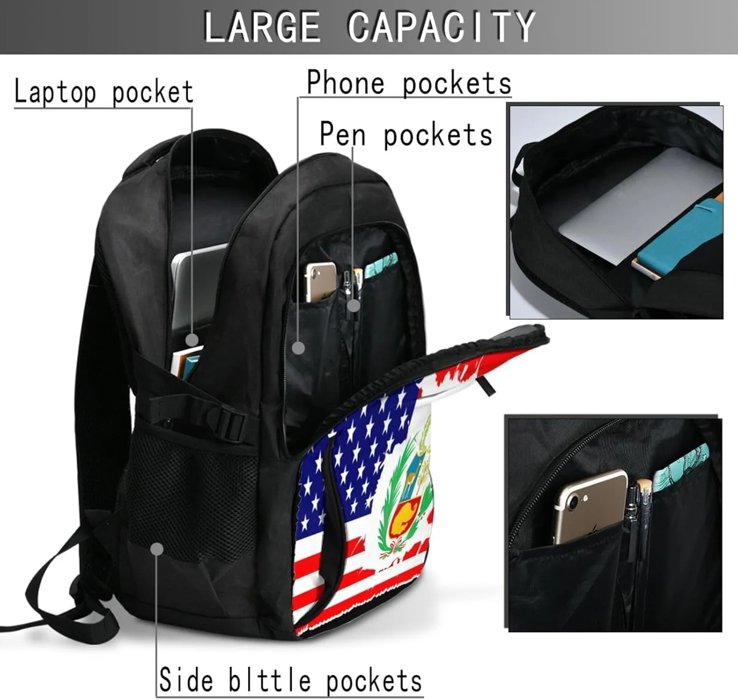 Peruvian Peru American Flag Business Laptop Backpack Travel Backpacks Outdoor Rucksack Large Bag Daypack with USB Charging Port Multi-Pocket for Hiking Camping