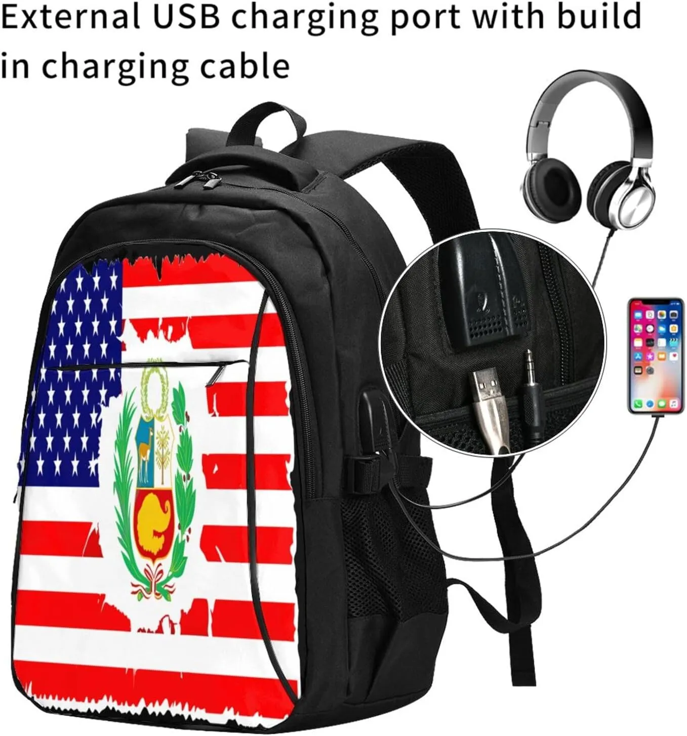 Peruvian Peru American Flag Business Laptop Backpack Travel Backpacks Outdoor Rucksack Large Bag Daypack with USB Charging Port Multi-Pocket for Hiking Camping
