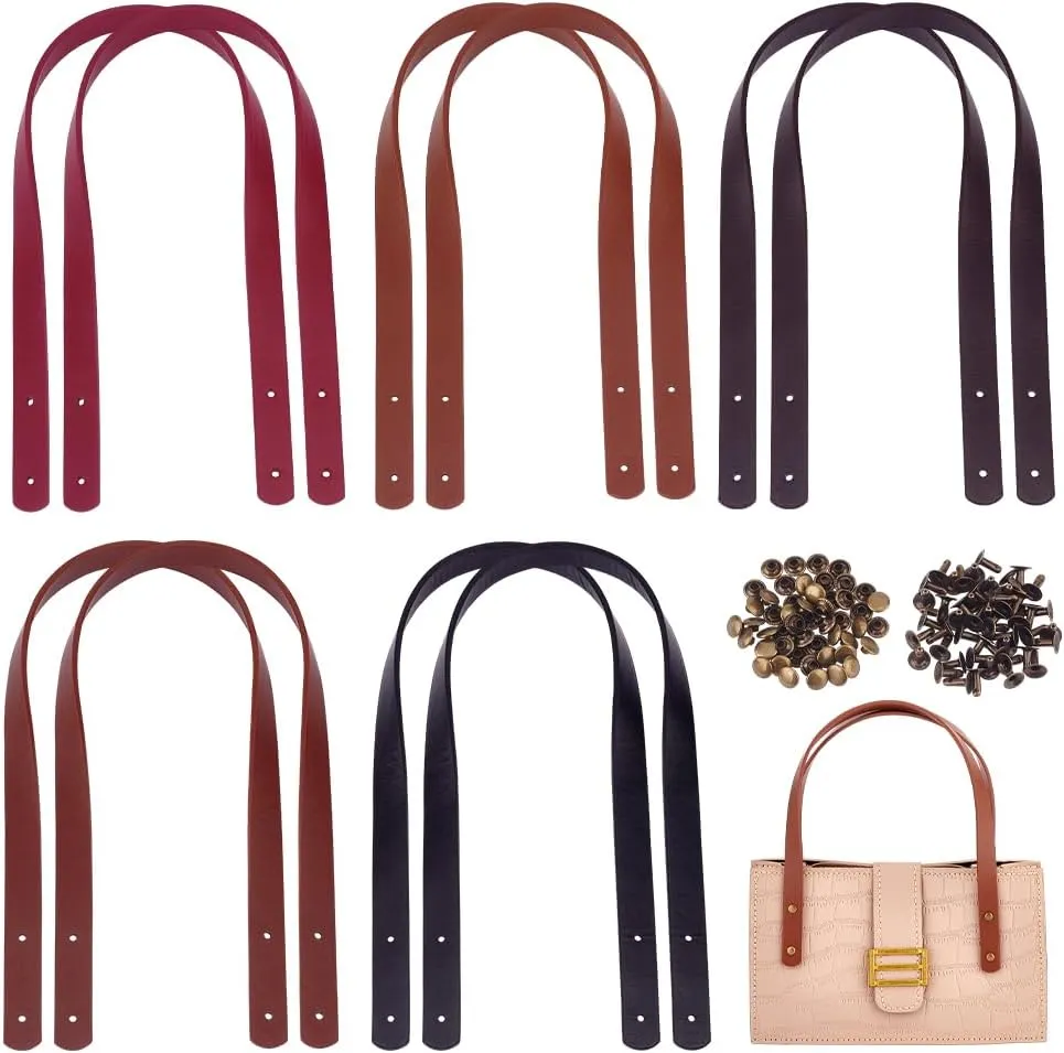 PH PandaHall 10pcs Leather Bag Handles, 23.6 Inch Leather Bag Straps with Antique Bronze Rivets Purse Handles Short Handbag Strap Replacement Handles for DIY Handbags Crochet Bags Tote Bag Making