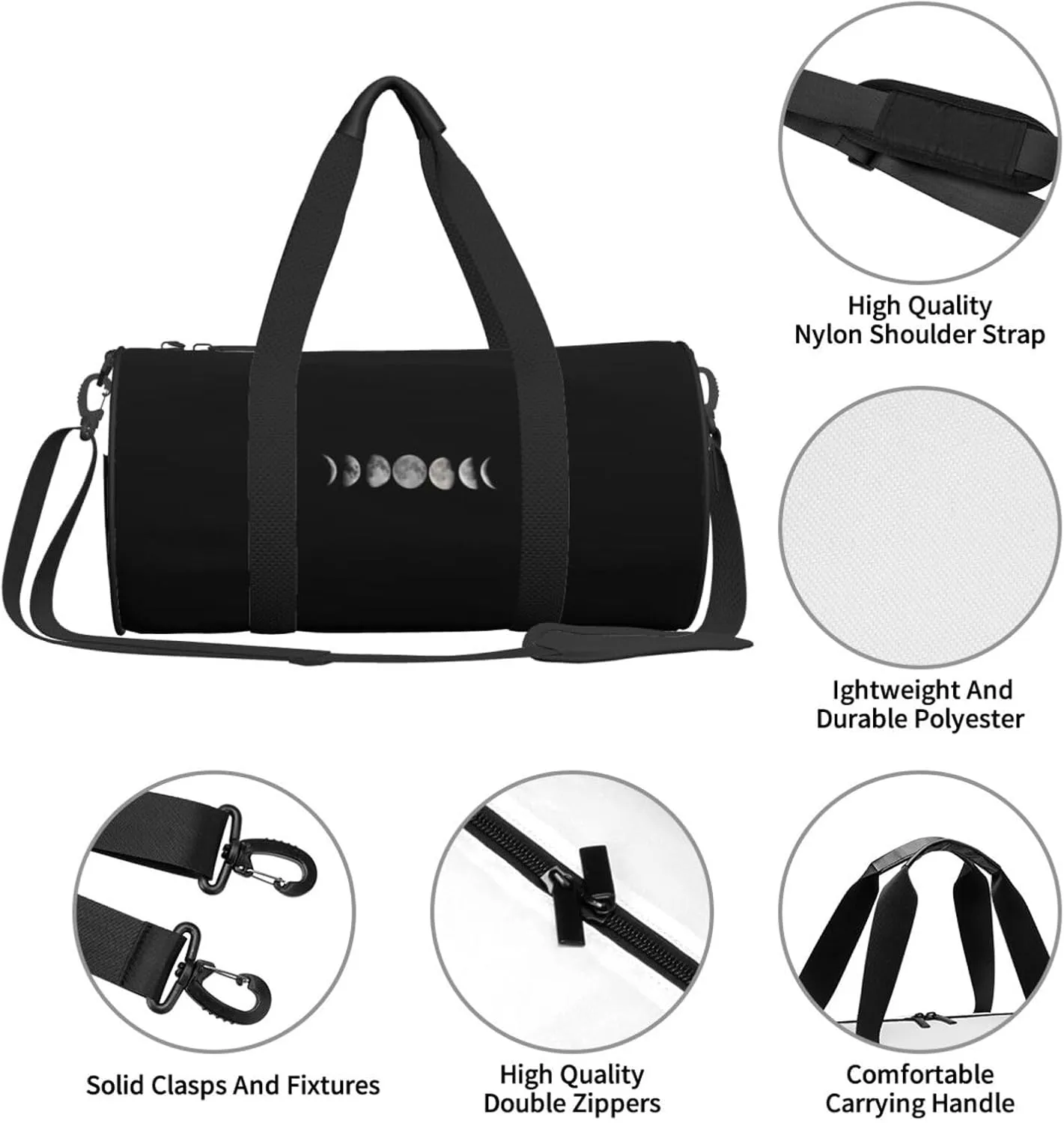 Phases Of The Moon Travel Luggage Duffel Bag Sports Rolling Foldable Duffel Bag, Black