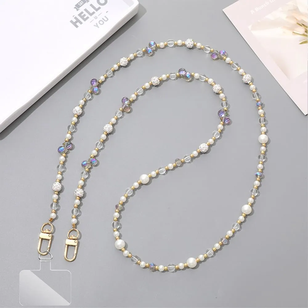 Phone Chain Crossbody Pearl Strap,Pearl Beaded Chain Shoulder Crossbody Lanyard with Phone Tether Patches Compatible with Most Phones Bag Purse(J)