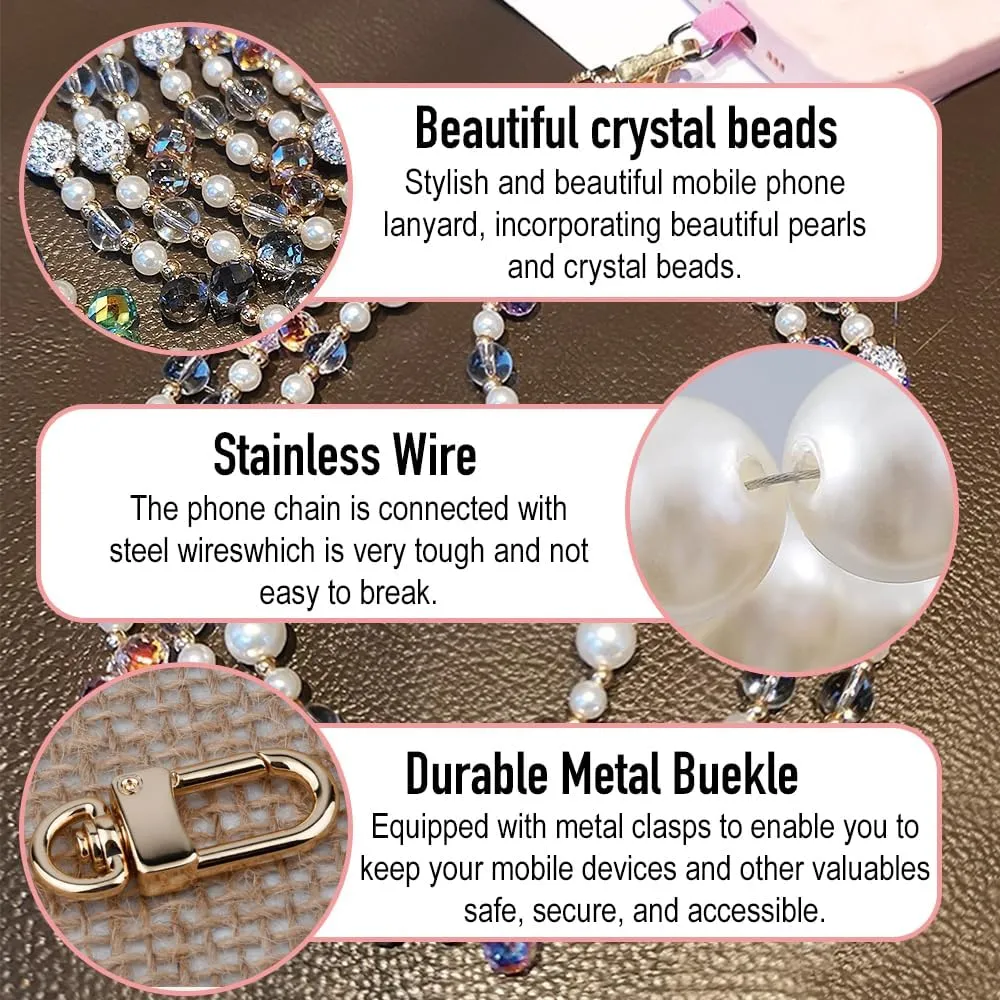 Phone Chain Crossbody Pearl Strap,Pearl Beaded Chain Shoulder Crossbody Lanyard with Phone Tether Patches Compatible with Most Phones Bag Purse(J)