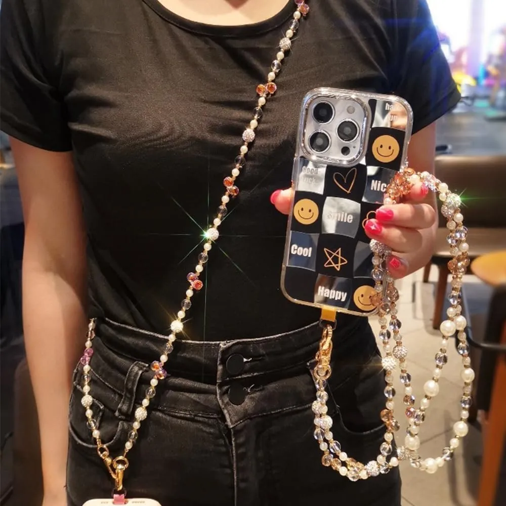 Phone Chain Crossbody Pearl Strap,Pearl Beaded Chain Shoulder Crossbody Lanyard with Phone Tether Patches Compatible with Most Phones Bag Purse(J)