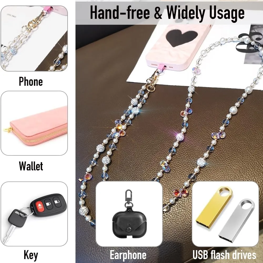 Phone Chain Crossbody Pearl Strap,Pearl Beaded Chain Shoulder Crossbody Lanyard with Phone Tether Patches Compatible with Most Phones Bag Purse(J)