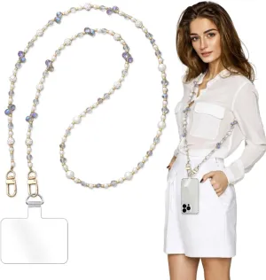 Phone Chain Crossbody Pearl Strap,Pearl Beaded Chain Shoulder Crossbody Lanyard with Phone Tether Patches Compatible with Most Phones Bag Purse(J)