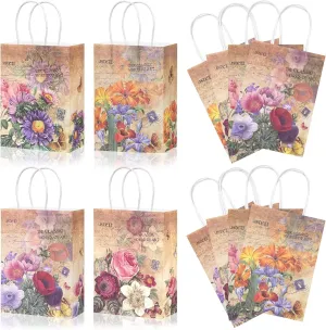 Pineraap 12 PCS Vintage Floral Paper Gift Bags with Handles, Small Flower Butterfly Print Goodie Bags Spring Party Favor Treat Bags for Birthday Wedding Bridal Shower Tea Party Supplies, 8 x 6 x 3 in