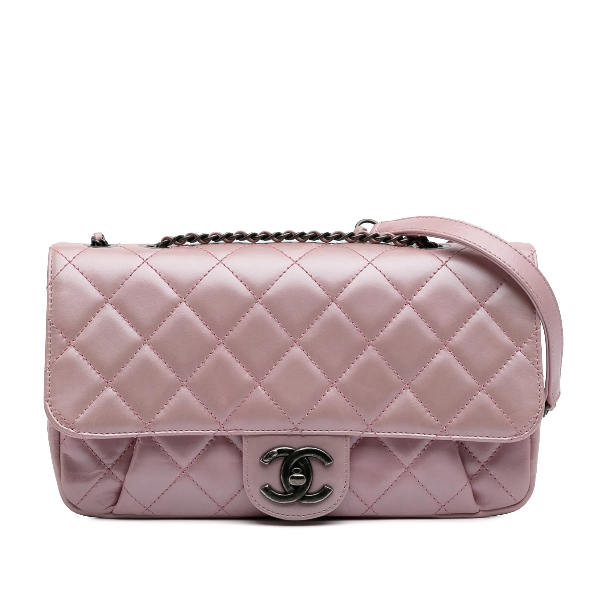 Pink Chanel Medium Quilted Metallic Calfskin Coco Pleats Chain Flap Crossbody Bag