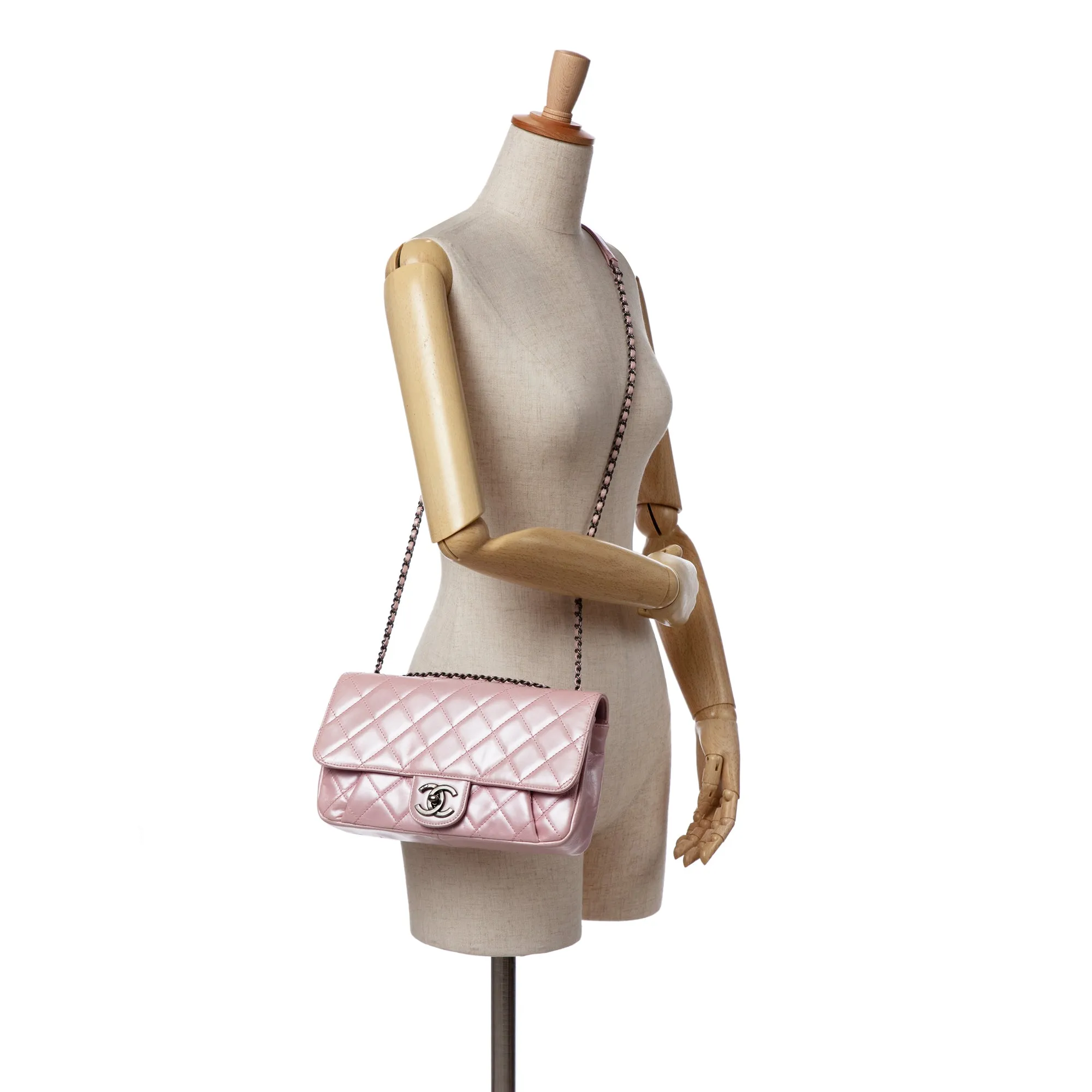 Pink Chanel Medium Quilted Metallic Calfskin Coco Pleats Chain Flap Crossbody Bag