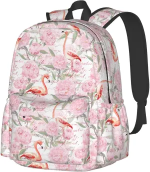 Pink Flamingo Watercolor Peony Flowers Laptop Backpack Shoulder Bag Laptop Pack Travel Backpacks Commuter Back Pack Casual Daypack Bags With Side Pockets