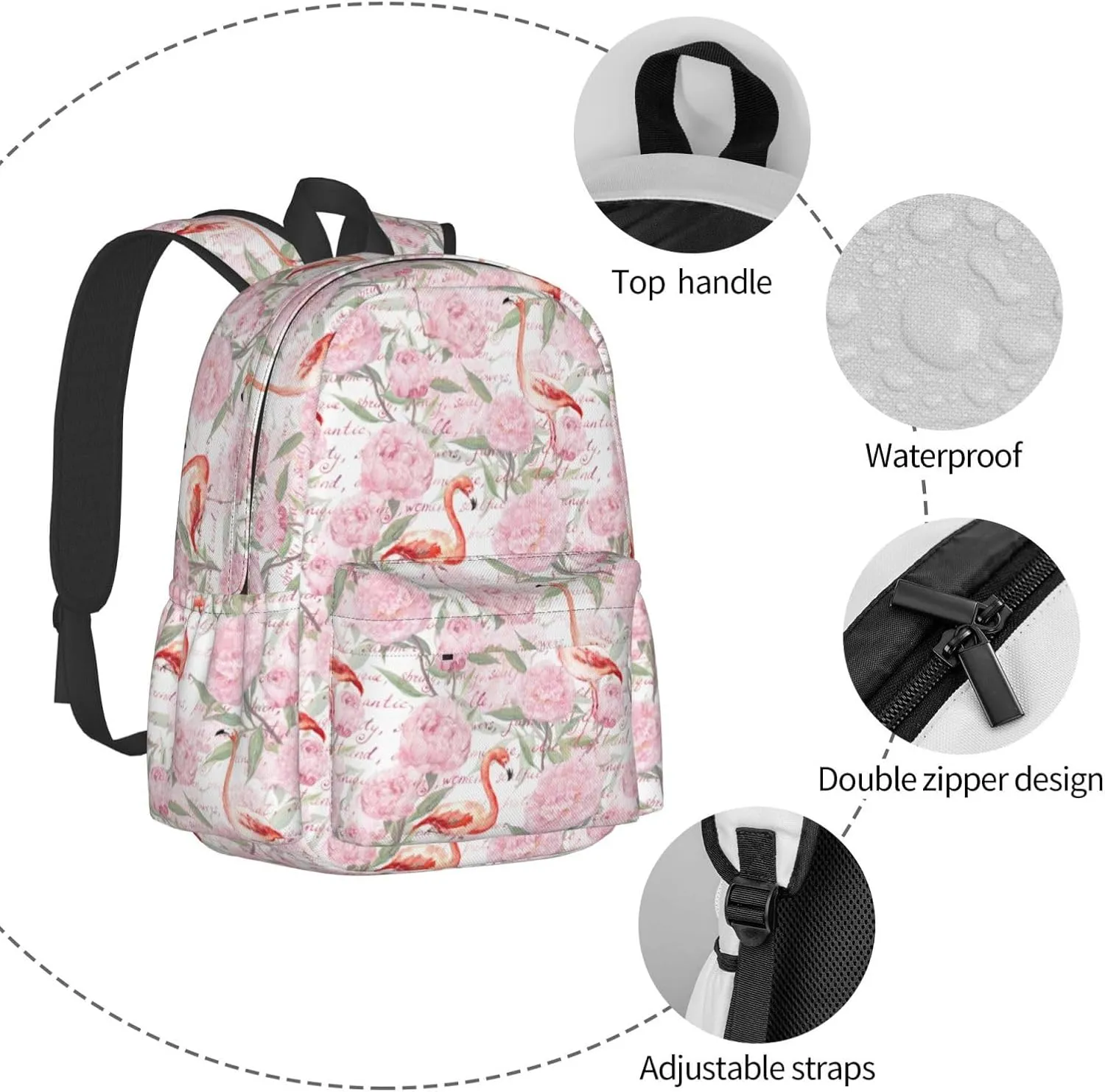 Pink Flamingo Watercolor Peony Flowers Laptop Backpack Shoulder Bag Laptop Pack Travel Backpacks Commuter Back Pack Casual Daypack Bags With Side Pockets