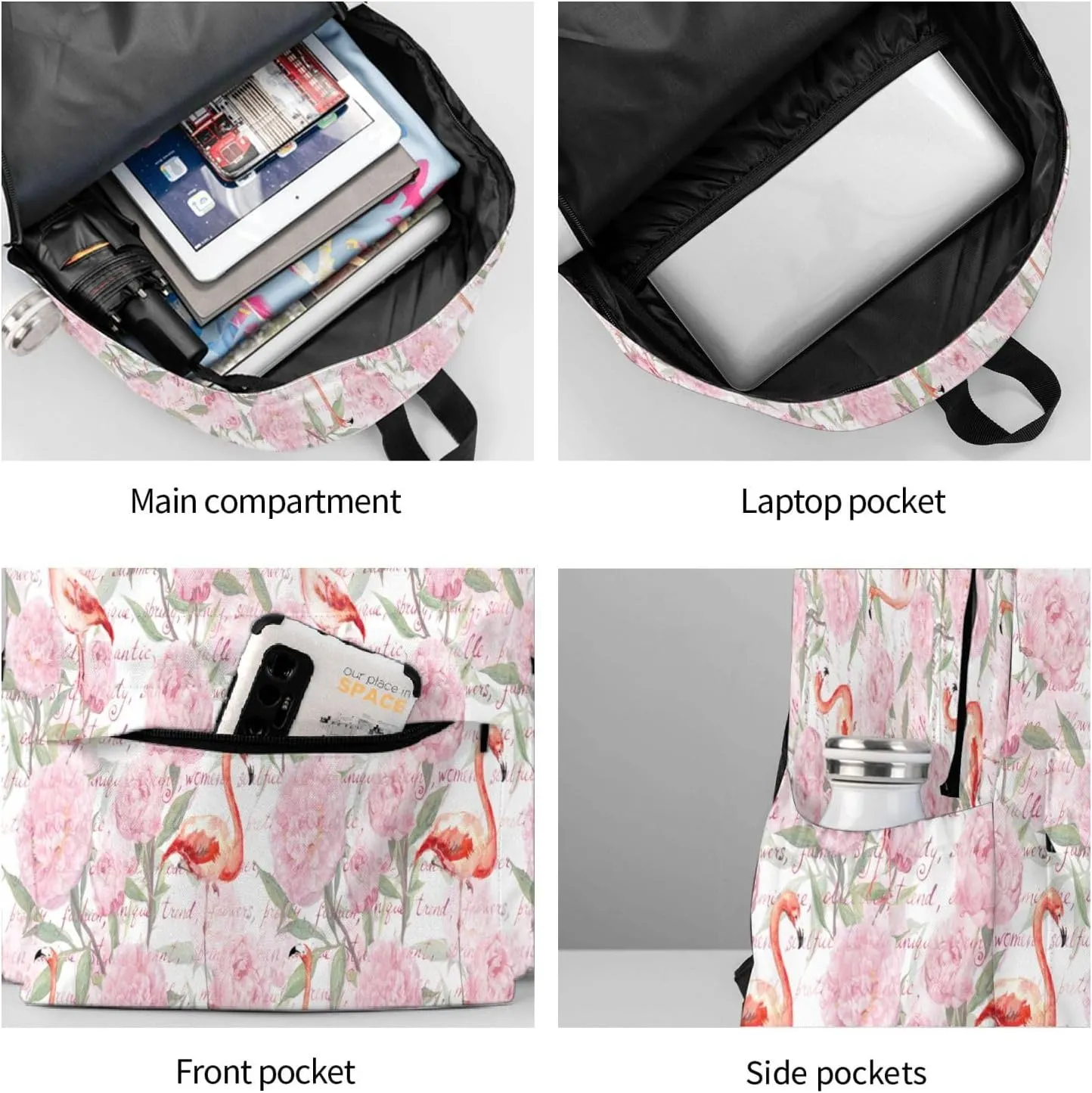 Pink Flamingo Watercolor Peony Flowers Laptop Backpack Shoulder Bag Laptop Pack Travel Backpacks Commuter Back Pack Casual Daypack Bags With Side Pockets