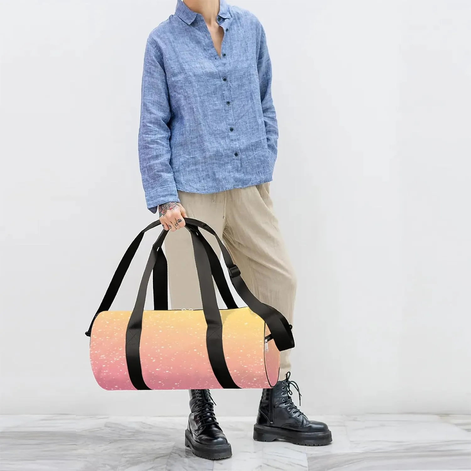 Pink Yellow Glitter Sports Gym Bag for Men Women Lightweight Travel Duffle Bag with Shoulder Strap Waterproof Carry On Weekender Overnight Bag for Travel Sports Gym