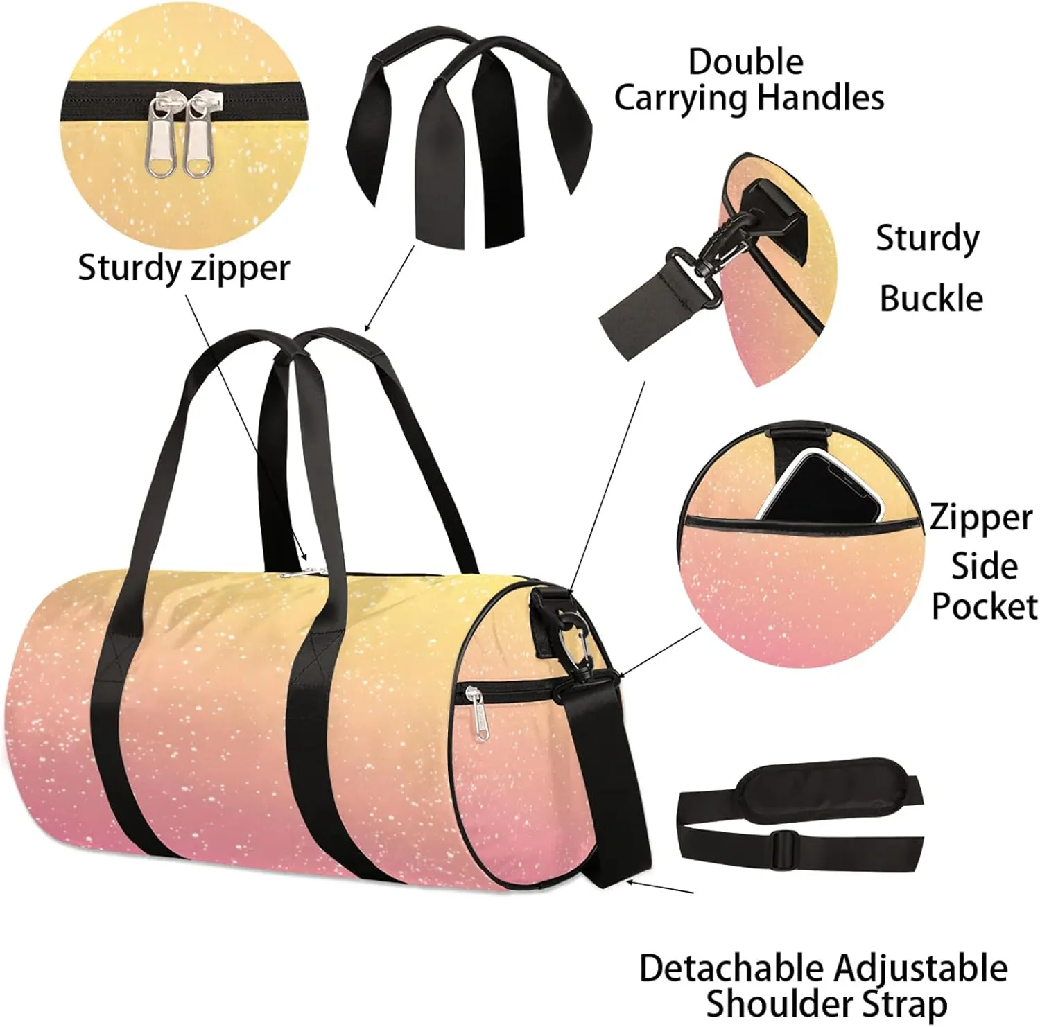 Pink Yellow Glitter Sports Gym Bag for Men Women Lightweight Travel Duffle Bag with Shoulder Strap Waterproof Carry On Weekender Overnight Bag for Travel Sports Gym