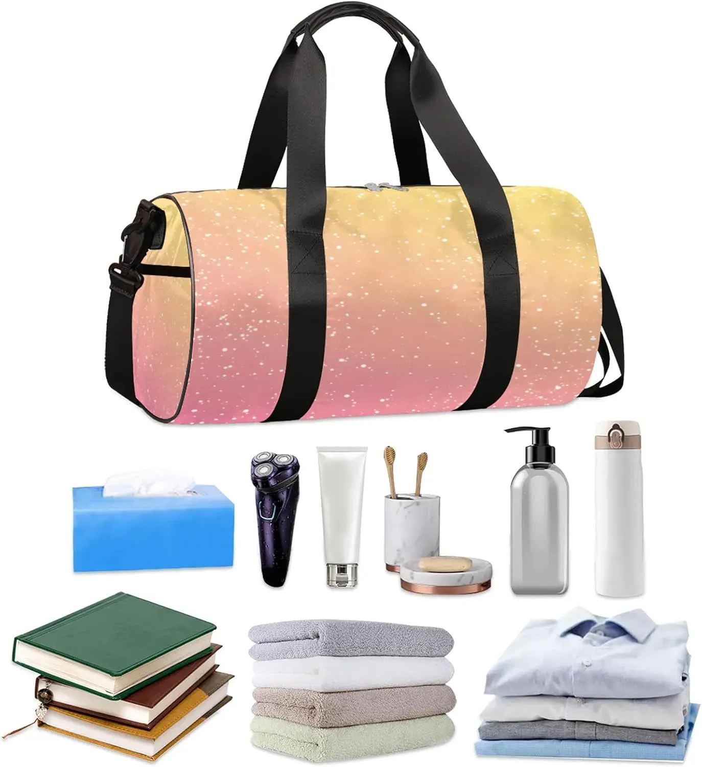Pink Yellow Glitter Sports Gym Bag for Men Women Lightweight Travel Duffle Bag with Shoulder Strap Waterproof Carry On Weekender Overnight Bag for Travel Sports Gym