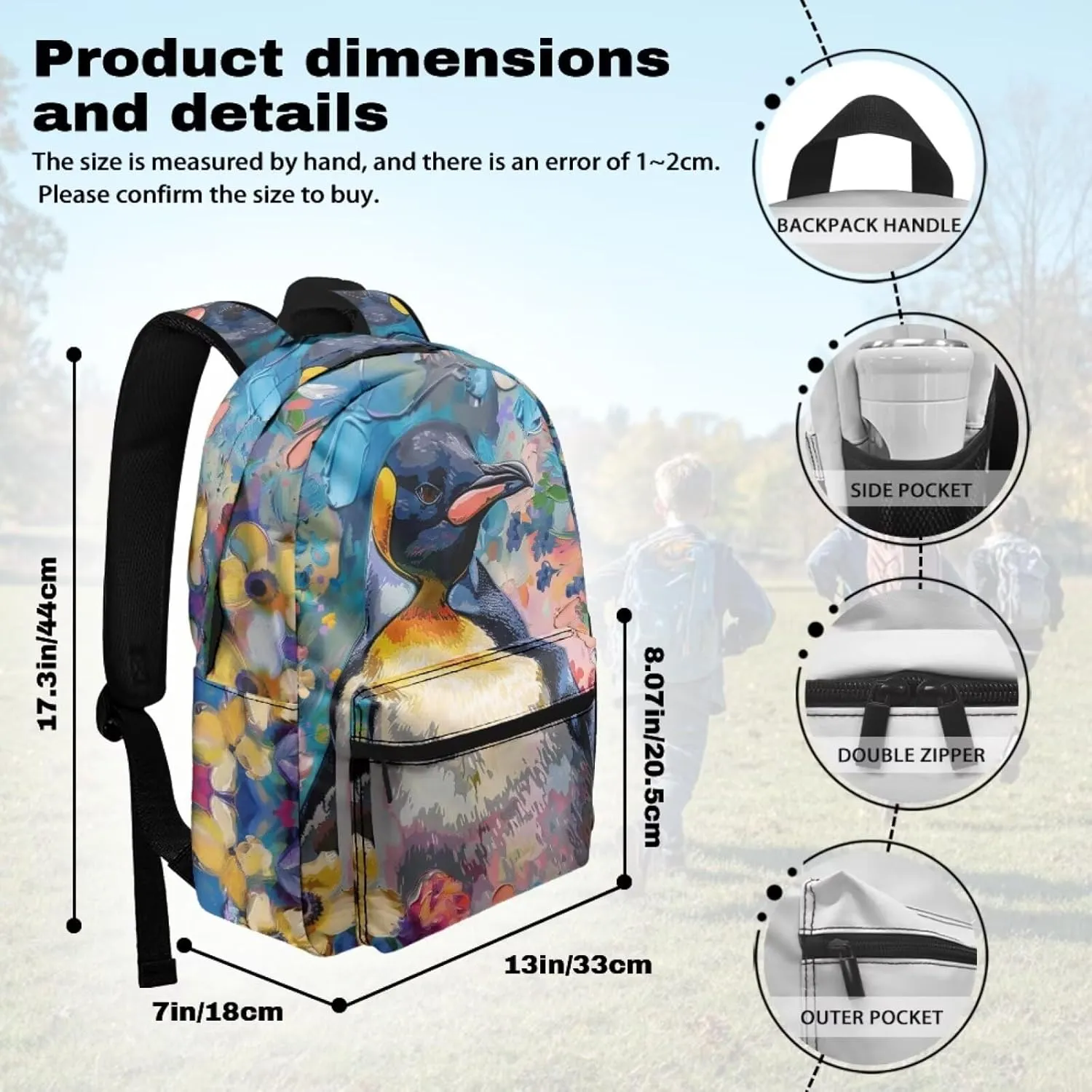 PinUp Angel Cool Emperor Penguin Print Funny Backpack 17 Inch Boys Girls Bookbag for Primary Middle School Backpacks Cute Animal Graphic School Bag