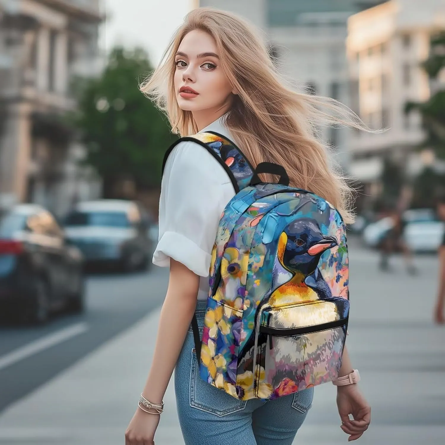 PinUp Angel Cool Emperor Penguin Print Funny Backpack 17 Inch Boys Girls Bookbag for Primary Middle School Backpacks Cute Animal Graphic School Bag