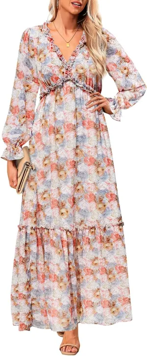 Pinup Fashion Fall Long Sleeve Maxi Dress - Casual Boho Chiffon Deep V Neck Long Flowy Dresses