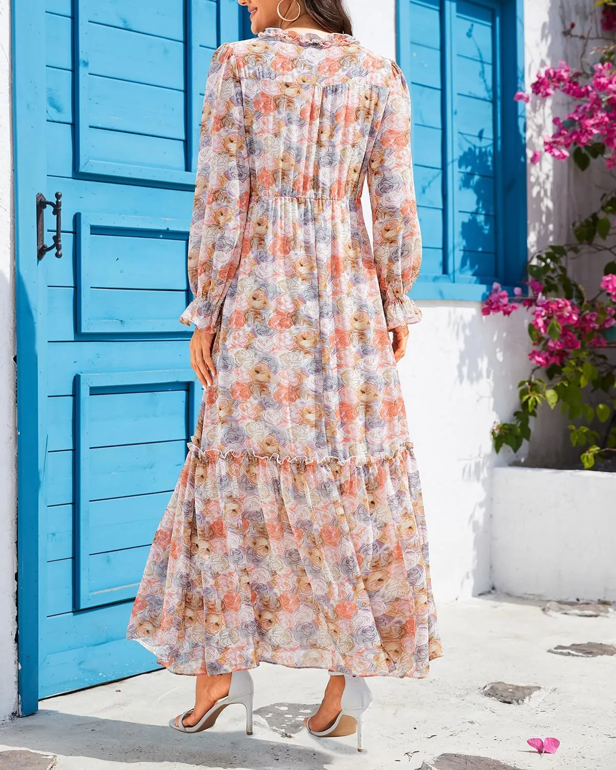 Pinup Fashion Fall Long Sleeve Maxi Dress - Casual Boho Chiffon Deep V Neck Long Flowy Dresses